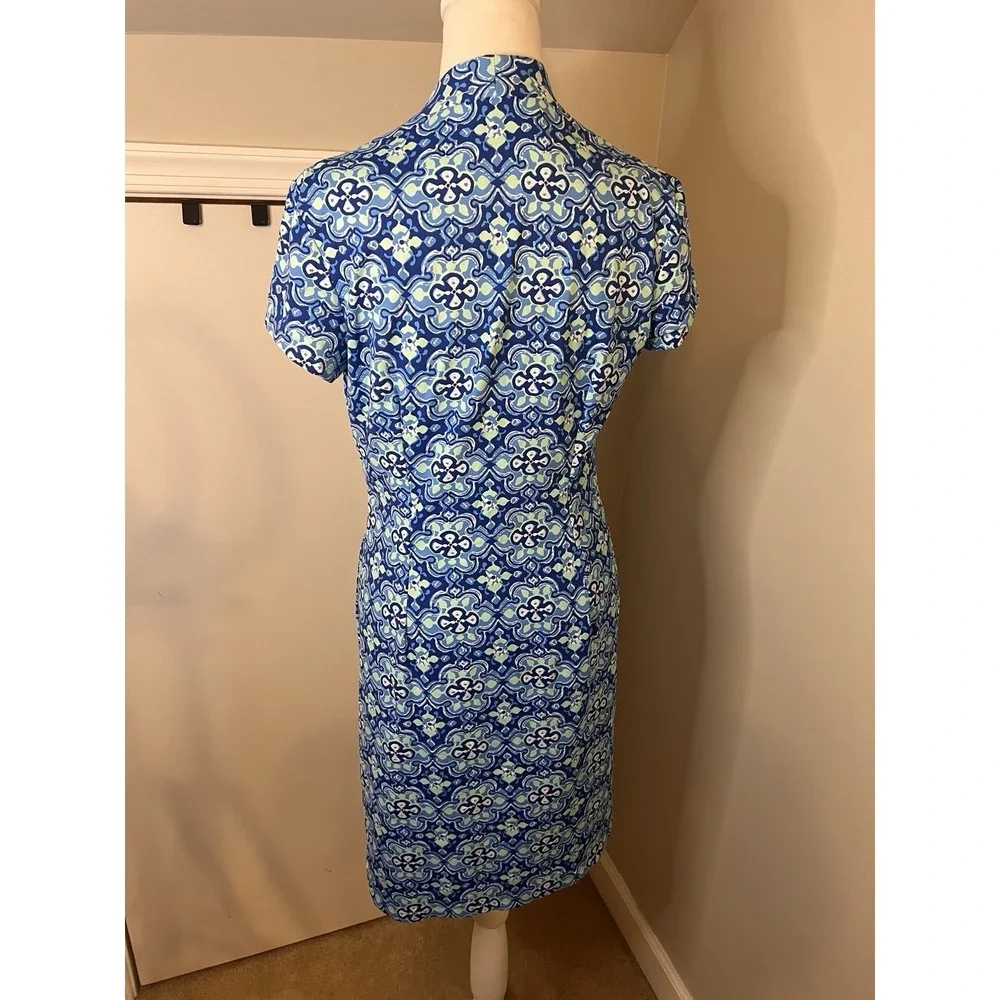 J. McLaughlin Catalina Cloth Blue/White Geometric V-Neck Shift Dress Stretch M
